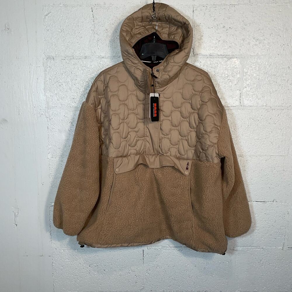 BASS OUTDOOR Women's Contrast Hood Sherpa Soft Pullover, tan XL